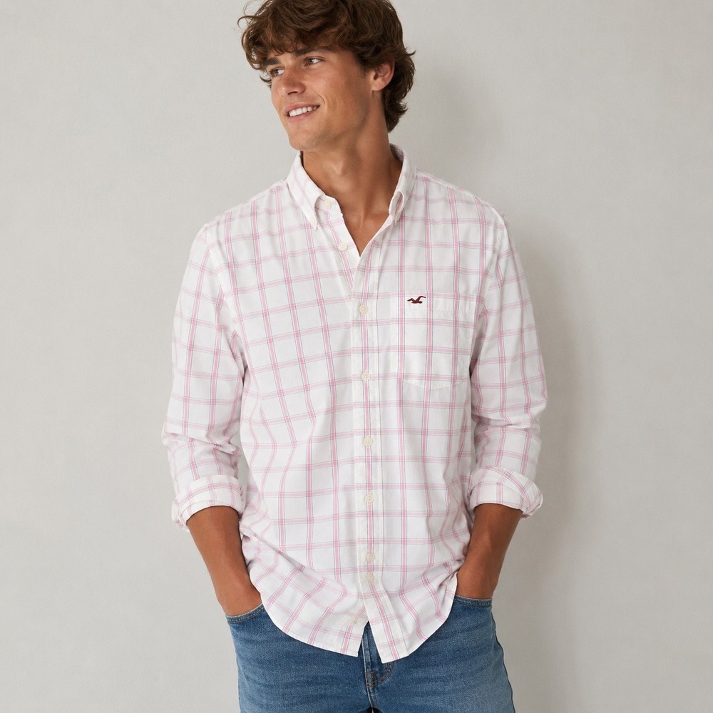 Vintage Hollister Button Down Shirt Mens XL White Pink Plaid Long Sleeve Seagull